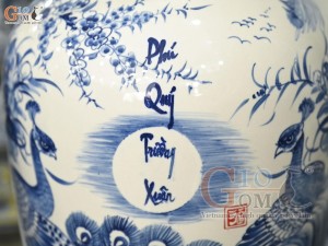 Đôi lộc bình men chàm cổ vẽ Phú Quý Trường Xuân, cao 70cm