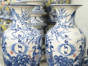 Đôi lộc bình men chàm cổ vẽ Phú Quý Trường Xuân, cao 70cm