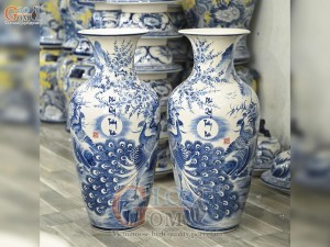 Đôi lộc bình men chàm cổ vẽ Phú Quý Trường Xuân, cao 70cm