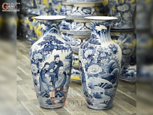 Đôi lộc bình men chàm cổ vẽ Tam Đa, cao 70cm