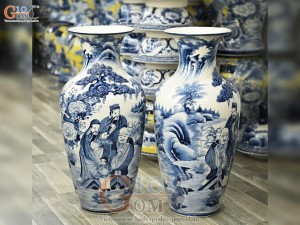 Đôi lộc bình men chàm cổ vẽ Tam Đa, cao 70cm