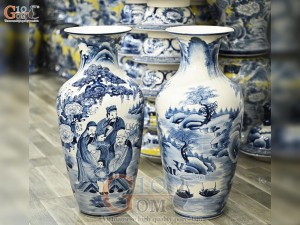 Đôi lộc bình men chàm cổ vẽ Tam Đa, cao 70cm