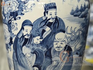 Đôi lộc bình men chàm cổ vẽ Tam Đa, cao 70cm