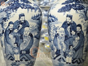 Đôi lộc bình men chàm cổ vẽ Tam Đa, cao 70cm