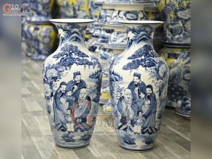 Đôi lộc bình men chàm cổ vẽ Tam Đa, cao 70cm