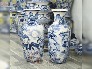 Đôi lộc bình men chàm cổ vẽ Tùng Lộc, cao 70cm