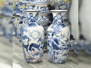 Đôi lộc bình men chàm cổ vẽ Tùng Lộc, cao 70cm