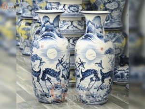 Đôi lộc bình men chàm cổ vẽ Tùng Lộc, cao 70cm