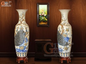 Đôi lộc bình men hoàng tộc đắp nổi Công Đào Phú Quý, cao 1m2