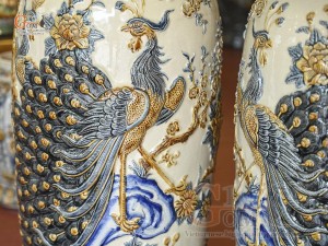 Đôi lộc bình men hoàng tộc đắp nổi Công Đào Phú Quý, cao 1m2