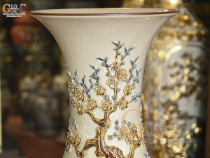 Đôi lộc bình men hoàng tộc đắp nổi Công Đào Phú Quý, cao 1m2