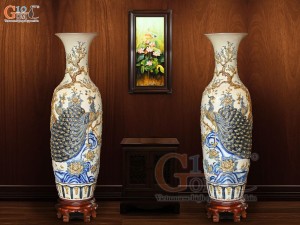 Đôi lộc bình men hoàng tộc đắp nổi Công Đào Phú Quý, cao 1m2