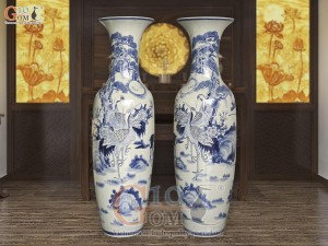 Đôi lộc bình men dong vẽ Lộc Hạc - phú quý trường thọ, cao 1m40