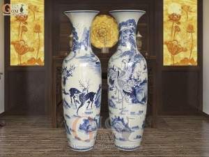 Đôi lộc bình men dong vẽ Lộc Hạc - phú quý trường thọ, cao 1m40