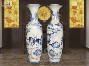 Đôi lộc bình men dong vẽ Lộc Hạc - phú quý trường thọ, cao 1m40