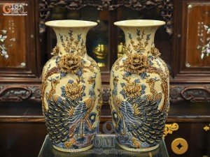 Đôi lộc bình men hoàng tộc đắp nổi Công đào, 45cm (kênh hoa)