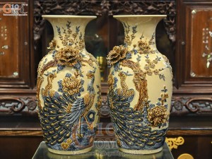 Đôi lộc bình men hoàng tộc đắp nổi Công đào, 45cm (kênh hoa)