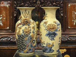 Đôi lộc bình men hoàng tộc đắp nổi Công đào, 45cm (kênh hoa)