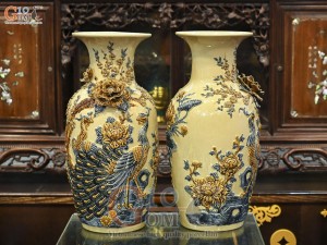 Đôi lộc bình men hoàng tộc đắp nổi Công đào, 45cm (kênh hoa)