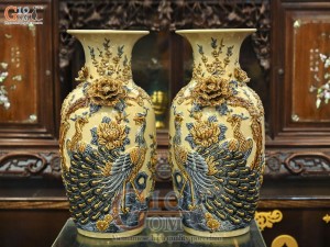 Đôi lộc bình men hoàng tộc đắp nổi Công đào, 50cm