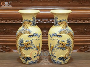 Đôi lộc bình men hoàng tộc đắp nổi Rồng Như Ý, cao 26cm