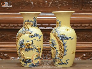Đôi lộc bình men hoàng tộc đắp nổi Rồng Như Ý, cao 26cm