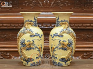 Đôi lộc bình men hoàng tộc  đắp nổi Rồng Như Ý, cao 45cm