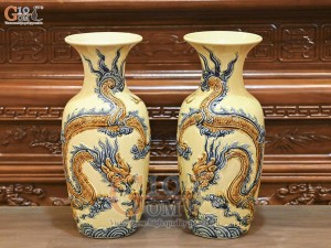 Đôi lộc bình men hoàng tộc đắp nổi Rồng Như Ý, cao 50cm