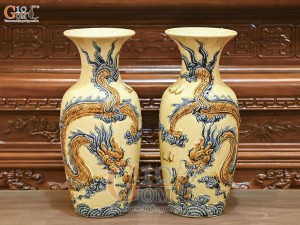 Đôi lộc bình men hoàng tộc đắp nổi Rồng Như Ý, cao 50cm