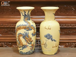 Đôi lộc bình men hoàng tộc đắp nổi Rồng Như Ý, cao 50cm