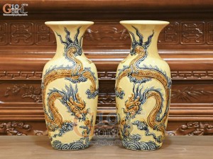 Đôi lộc bình men hoàng tộc đắp nổi Rồng Như Ý, cao 60cm Đôi lộc bình men hoàng tộc đắp nổi Rồng Như Ý, cao 60cm