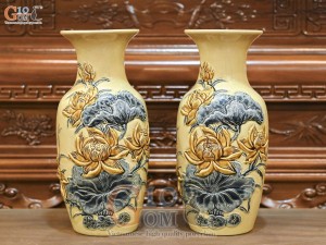 Đôi lộc bình men hoàng tộc đắp nổi Sen Cát Tường, cao 45cm Đôi lộc bình men hoàng tộc đắp nổi Sen Cát Tường, cao 45cm