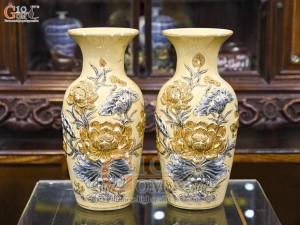 Đôi lộc bình men hoàng tộc đắp nổi Sen Cát Tường vẽ vàng 24k, cao 55cm