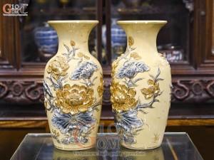 Đôi lộc bình men hoàng tộc đắp nổi Sen Cát Tường vẽ vàng 24k, cao 55cm