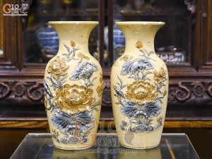 Đôi lộc bình men hoàng tộc đắp nổi Sen Cát Tường vẽ vàng 24k, cao 55cm