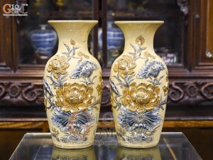 Đôi lộc bình men hoàng thổ đắp nổi Sen Cát Tường vẽ vàng 24k, cao 45cm
