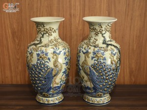 Đôi lộc bình men hoàng tộc đắp nổi Công Đào, cao 50cm