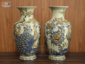 Đôi lộc bình men hoàng tộc đắp nổi Công Đào, cao 50cm