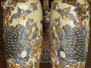 Đôi lộc bình men hoàng tộc đắp nổi Công Đào Phú Quý, cao 1m4