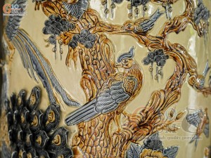 Đôi lộc bình men hoàng tộc đắp nổi Công Đào Phú Quý kênh, cao 1m4