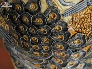 Đôi lộc bình men hoàng tộc đắp nổi Công Đào Phú Quý kênh, cao 1m4