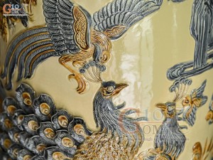Đôi lộc bình men hoàng tộc đắp nổi Công Đào Phú Quý kênh, cao 1m4
