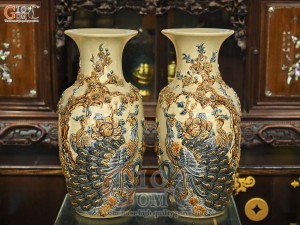 Đôi lộc bình men hoàng tộc đắp nổi Công đào, 60cm