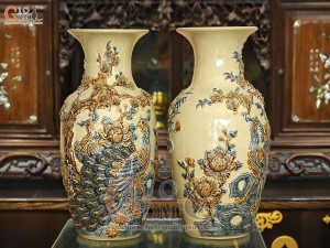 Đôi lộc bình men hoàng tộc đắp nổi Công đào, 60cm