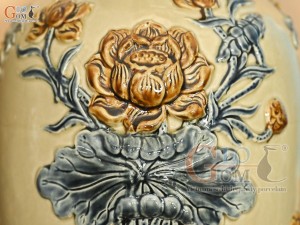 Đôi lộc bình men hoàng tộc đắp nổi Công đào, 60cm