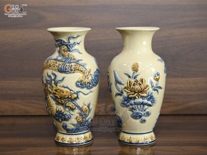 Đôi lộc bình men hoàng tộc đắp nổi Rồng Phúc Mãn, cao 28cm