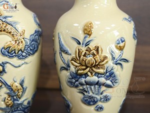 Đôi lộc bình men hoàng tộc đắp nổi Rồng Phúc Mãn, cao 28cm