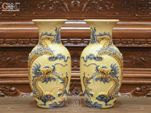 Đôi lộc bình men hoàng tộc đắp nổi rồng Tài Vượng, cao 26cm