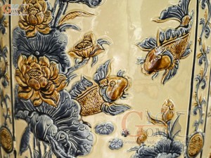 Đôi lộc bình men hoàng tộc đắp nổi tứ cảnh Phúc Đức, cao 1m6