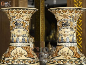 Đôi lộc bình men hoàng tộc đắp nổi tứ cảnh Phúc Đức, cao 1m6